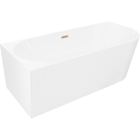 Mexen Silo baignoire autoportante d'angle gauche rainurée 150 x 75 cm, blanche, trop-plein cuivre brossé - 52891507500L-65