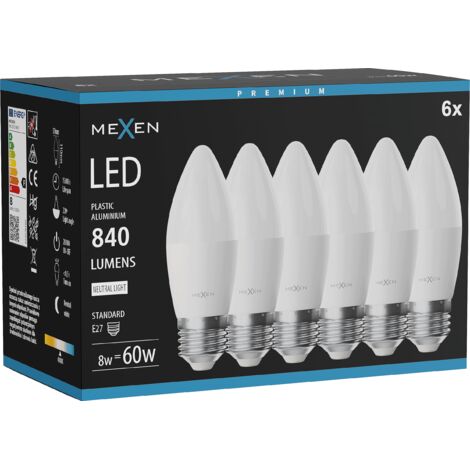 Mexen Nova 6x Ampoule LED E27, C37, 8W, Neutre - 4000K, 840 lm - L102-E27-0840-01x06