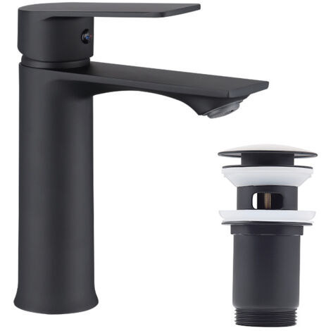 Schwarzes Badezimmer-Wasserhahn-Set und Pop-up-Ablauf mit Automatischem Überlauf Waschbecken-Wasserhahn mit Waschbecken-Abfluss