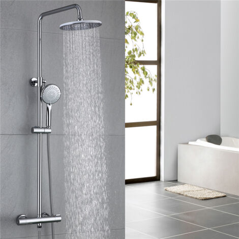 Duschsystem mit Thermostat Regendusche Duschset Brausegarnitur Duscharmatur Thermostat 40℃ mit Versteckter Wasserauslauf Duschstange inkl. Verstellbar Handbrause Regenbrause Duschstange