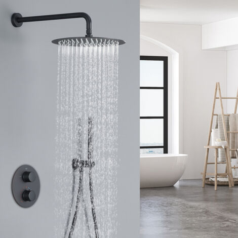 Schwarz Duschsystem mit Thermostat, Duscharmatur Regendusche Unterputz 12 Zoll Kopfbrause Anti-Verbrühungs-Duschsystem inkl. Handbrause, Messingkörper