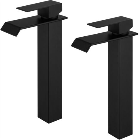 2x Wasserhahn Bad Wasserfall Badarmaturen Schwarz Waschbecken Armatur Waschtischarmatur Hoch Einhandmischer Mischbatterie für Badzimmer Schwarz (1/5)