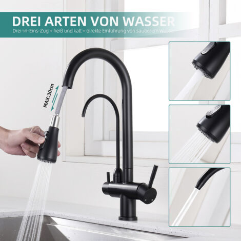 Osmose Wasserhahn JRUIA 3-Wege-Wasserfilter Küche Wasserhahn 360°Schwenkbare Küchenarmatur 2 Hebel Mischbatterie Wasserfilter Trinkwasser