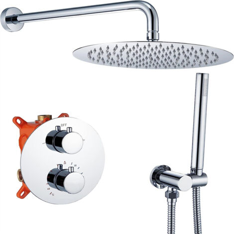 Regendusche Duschsystem mit Thermostat Unterputz Duscharmatur Rund, Duschamaturenset Chrom Duschset Dusche 12 Zoll Kopfbrause, Anti-Verbrühungs-Duschsystem