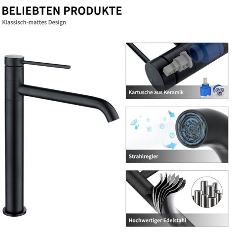 Wasserhahn Bad aus Edelstahl Badarmatur wassersparend mit Hohe Ausflauf Mischbatterien 360° Schwenkbar Waschtischarmatur, Schwarz