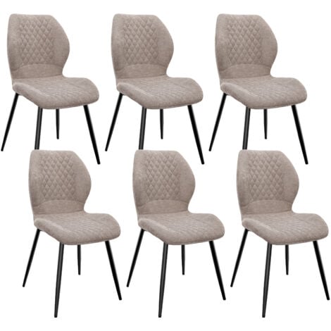 Set di 6 sedie da pranzo con cuscino in spugna di lino, gambe in metallo e rivestimento a rombi - Marrone