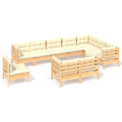 Mobili da giardino Mobili da esterno Set di mobili da 10 pezzi con cuscini color crema in legno di pino massiccio (1/5)