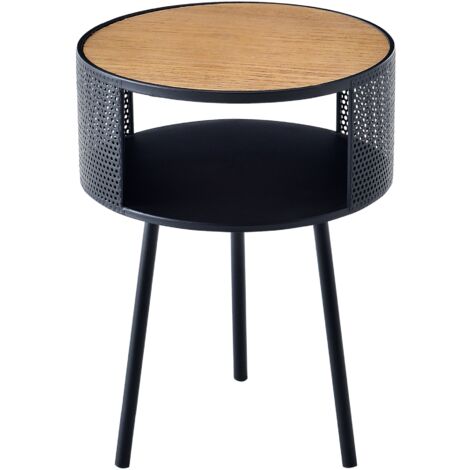 Set 3 Tavolini In Metallo Nero Con Piano In Legno E Cestino Portaoggetti - Salotto E Arredamento