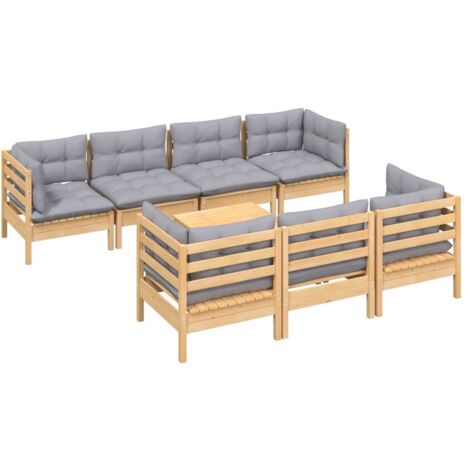 Mobili da giardino mobili da esterno Set di mobili da 8 pezzi con cuscini grigi in legno di pino massiccio (1/5)
