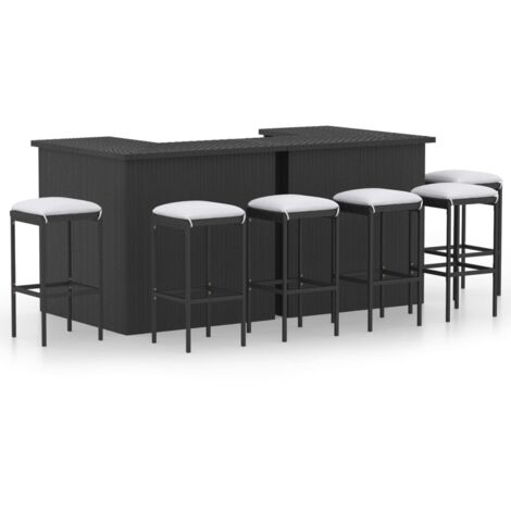Mobile bar da giardino in 8 pezzi con cuscini in resina intrecciata nera (1/5)