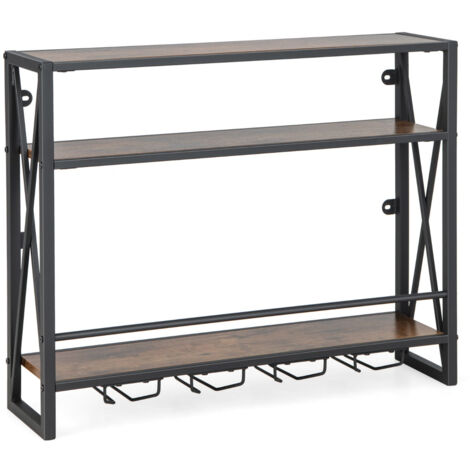 Portabottiglie Da Parete Industriale 3 Livelli - 116 Cm Con Supporto Per Bicchieri Da Vino - 3