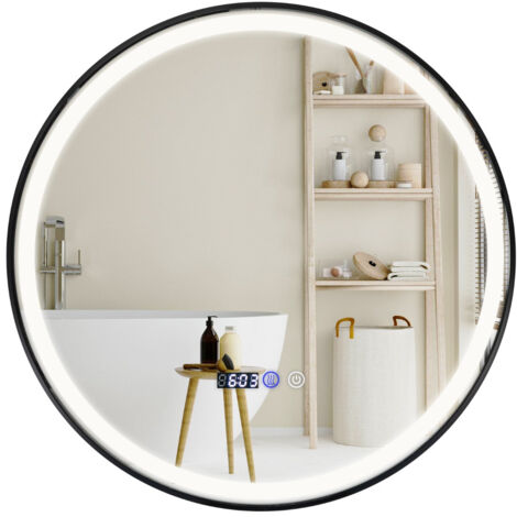 Specchio Bagno LED Rotondo 50x50cm Con Antiappannamento – Luce Regolabile 3000K-6000K, Impermeabile IP44, Display Ora E Temperatura, Funzione Memoria