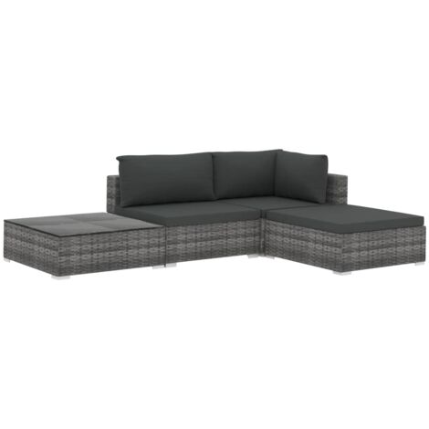 VidaXL Set Divano Da Giardino In Polyratan Marrone - 4 Pezzi Con Cuscini E Tavolino In Vetro - Angolare Componibile Con Poggiapiedi - 2