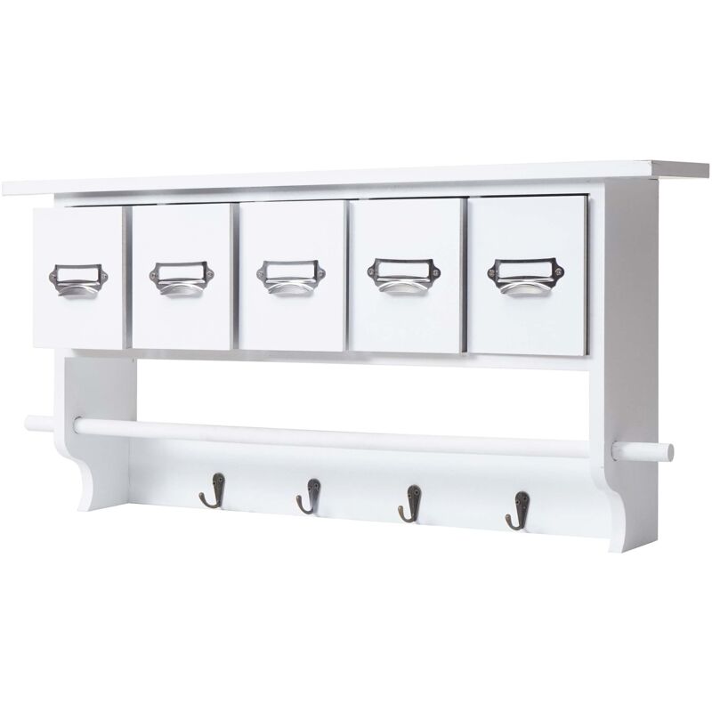 Appendiabiti Da Parete Rustico Emfogoo Con Mensola E 2 Cassetti - Legno Paulownia Bianco Vintage - 4 Ganci In Bronzo