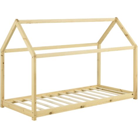 Lettino Bambini Goeria A Forma Di Casetta - Letto Con Rete In Legno 90x200cm Protezione Anti-caduta