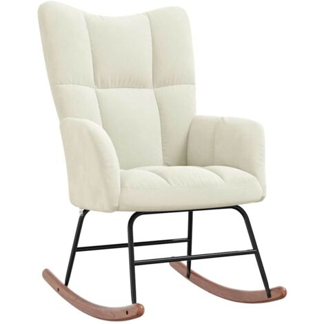 Poltrona A Dondolo In Velluto Crema - Sedia Relax Con Schienale E Braccioli, Base In Legno - Foto 4