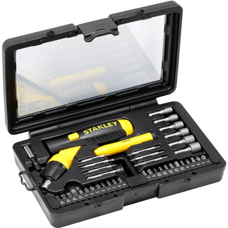 Juego de 40 destornilladores de carraca y accesorios STANLEY 0-63-038 - Destornillador articulado de 3 posiciones para atornillar cómodamente