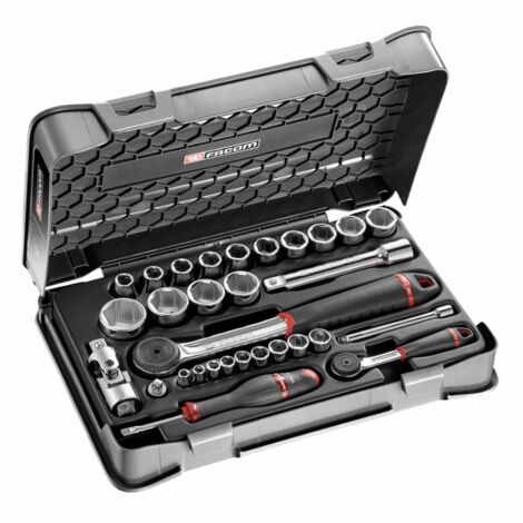 Facom – Carraca mixta con 9 vasos 1/4 y 1/2 hexágono métrico – Cabeza redonda R.161B – Prolongador 100 mm y cardán S.240A – Peso 2,63 kg (1/3)