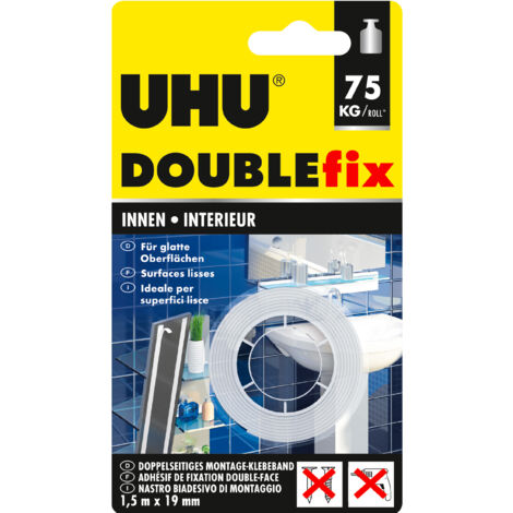 UHU Doublefix interior extra fuerte - Cinta adhesiva de doble cara, ultra fuerte, blanca, rollo 1,5mx19mm