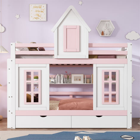 Anajqaqia Letto a Castello per Bambini 90×200 cm, Convertibile in 2 Letti Singoli, con Scale e Sponde di Sicurezza, 2 Cassetti e Struttura a Doghe  1503