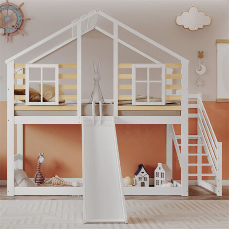 Azkoeesy Letto a castello per 2 bambini, 90 x 200 cm, Letto per bambini a forma di casa, con baldacchino e finestra, con doghe, materiale Pino, grigio