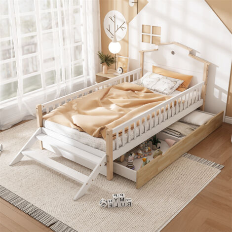Letto A Pavimento Montessori 90x200 Cm In Pino Massiccio Con Barriera Di Sicurezza E Doghe, Bianco
