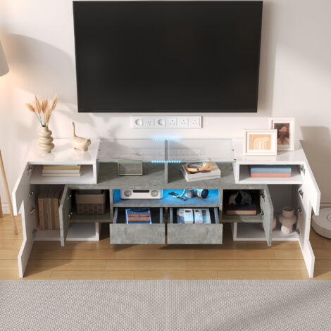 Mobile TV Lowboard Bianco Lucido 145 Cm | Con Luci LED Multicolore, 6 Ante, 2 Cassetti, Design Moderno In Vetro