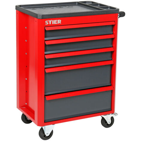 STIER Servante d'atelier Basic+ vide avec couvercle en plastique, 883 x 620 x 410 mm, 5 tiroirs, charge max. 185 kg, chariot d'atelier, chariot d'outils, chariot de montage
