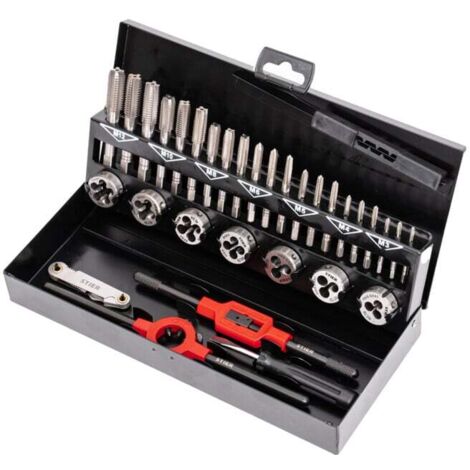 STIER Kit de filetage / kit de taraudage  32 pièces M3-M12 HSS-G, cassette en tôle d'acier selon DIN 1541, jeu de filetage, jeu de tarauds, boîte de taraudage