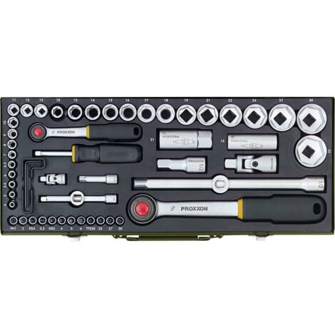 Proxxon – Coffret cliquet et douilles 56 pièces – Acier chrome-vanadium – Cliquet 1/4" et 1/2" avec mécanisme de déverrouillage – Boîtier en acier résistant (1/5)