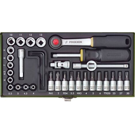 Proxxon – Coffret cliquet et douilles 1/4" (6,3 mm) 36 pièces – Acier chrome-vanadium – Cliquet réversible 52 dents – Boîtier en acier résistant
