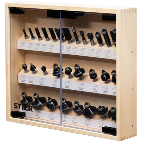 Stier – Set de 30 fraises pour défonceuse 8 mm – Fraises à rainurer, affleurer, chanfreiner – Pour bois dur et matériaux composites