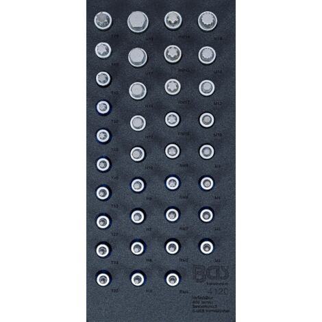 BGS Insert de chariot d'atelier 1/3 : Jeu d'embouts de tournevis entraînement carré femelle 12,5 mm (1/2") six pans creux, profil en T (pour Torx), douze pans (pour XZN), profil nervuré (pour RIBE) 36 (1/2)
