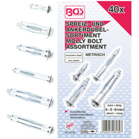 Bgs Technic – Kit de 40 chevilles Molly – Tailles 4/5/6 mm – Galvanisées pour béton armé – Boîtier de rangement pratique (1/4)