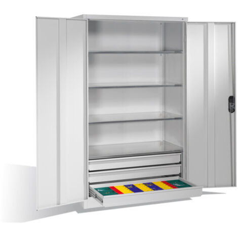 Armoire à outils C+P avec portes battantes, 4 tablettes et 3 tiroirs, H1950xL1200xP600mm Façade gris clair Corps gris clair (1/4)