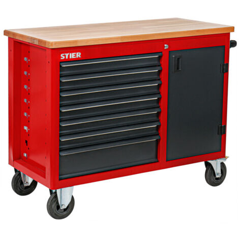 Stier – Servante d'atelier mobile avec 7 tiroirs – Charge max 300 kg – Plateau en bois 36 mm – Dimensions 925 x 1120 x 520 mm – Roulettes pour transport facile
