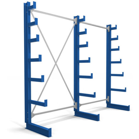 Rayonnage à bras en porte-à-faux STIER, simple, 2 travées avec 6 niveaux décroissants 2600x2000x500 mm, bleu gentiane (1/4)