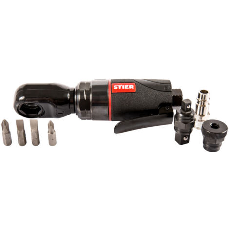 STIER Jeu de tournevis à cliquet multifonction 32-M 1/4'' + 3/8'', 6,3 bar, 850 tr/min, porte-embouts, embouts Phillips, à fente (1/4)