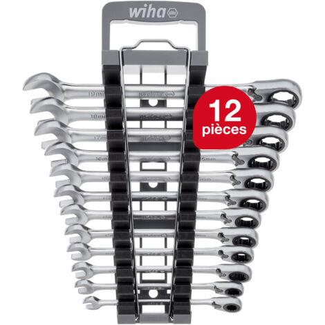 Wiha Jeu de clé à fourche à cliquet 12 pièces commutable avec étuis I Jeu de clés à cliquet 8-19 mm I Jeu de clé mixte avec cliquet, 44661