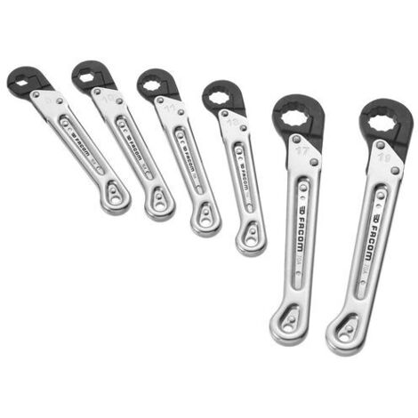 Facom – Jeu de clés à tuyauter à cliquets métriques – 5 pièces – Manche chromé satiné – Ouverture pour suspension – Serrage rapide sur tuyaux