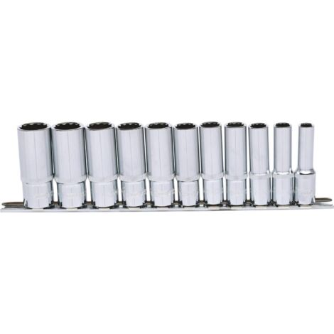 Kstools – Jeu de douilles 3/8' 11 pcs longues 8-19 mm – Acier chromé vanadium – Profil FlankTraction – Rail de rangement inclus (1/4)