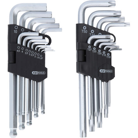 Kstools – Jeu de clés mâles coudées Torx 22 pcs – Acier spécial DIN ISO 2936 – Finition chromée mate – Support pliable inclus