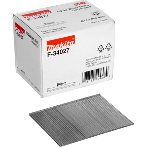 Makita – Chiodi Brad 16 GA 64 mm F34027 – 2000 pièces – Acier galvanisé pour fixation bois dur – Compatibles avec pistoles chiodatrici 16 GA