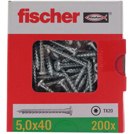 Fischer – Lot de 200 vis à tôle Power-Fast TX20 Ø5 x 40 mm – Filetage total 35 mm pour connecteurs métalliques – Vissage rapide et solide