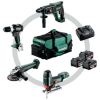 Metabo – Pack de 4 outils électroportatifs 18V – Visseuse-perceuse, meuleuse, marteau combiné, scie sauteuse – 3 batteries 4.0Ah et chargeur rapide inclus – Sac à outils