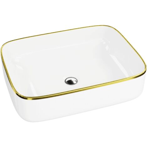 LAVITA Aufsatzwaschtisch Galera Gold Line Aufsatzwaschbecken Rechteckig Waschbecken Ohne Überlauf und Hahnloch Aus hochwertigem Porzellan Waschtisch 50,5x40x14 cm Weiß/Gold (1/4)
