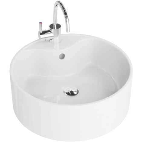LAVITA Aufsatzwaschtisch Teneryfa Aufsatzwaschbecken Rund Waschbecken mit Überlauf und Hahnloch Aus hochwertigem Porzellan Waschtisch 41x41x15 cm Weiß Glanz