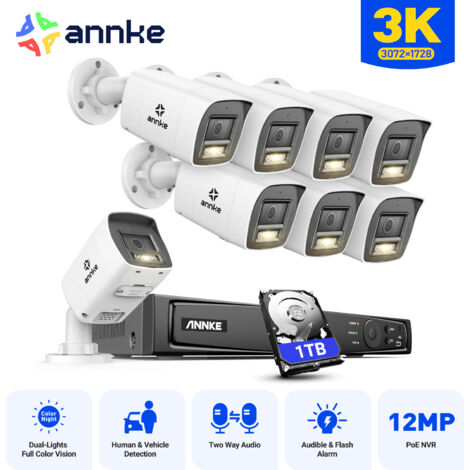 ANNKE Kit di Videosorveglianza Esterno 5MP 16CH con 1TB Audio Bidirezionale,Rilevamento Persone e Veicoli, Visione Notturna IR, Avviso Email Remoto APP/PC 8×Telecamere (1/5)
