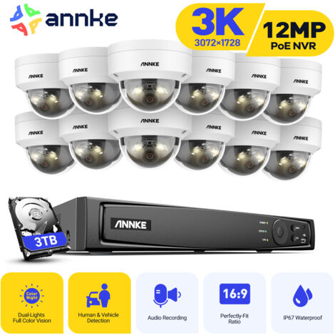 ANNKE Kit di videosorveglianza esterna cablata 3K, NVR 16CH e telecamera PoE 12X5MP, Doppia luce intelligente, Rilevamento persone/veicoli, Visione notturna a colori,3TB HDD (1/5)