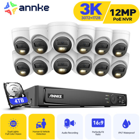 ANNKE Telecamera di sorveglianza esterni 3K, kit di videosorveglianza con NVR 16CH e telecamera IP PoE 12X5MP, visione notturna a colori, rilevamento di persone/veicoli,4TB HDD
